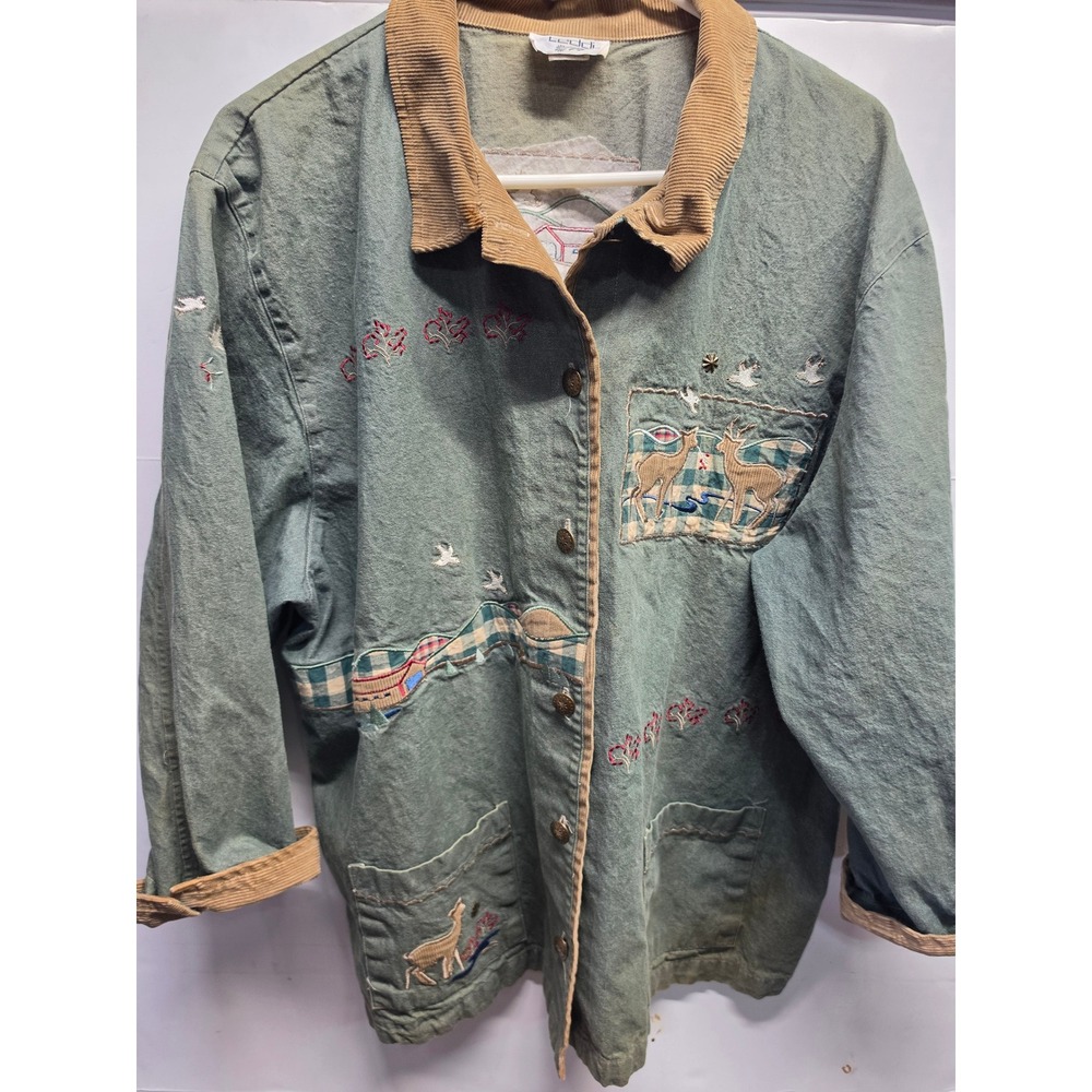 Vtg Teddi Embroidered Deer farm Barn Jacket Corduroy Trim Plus Size 2X